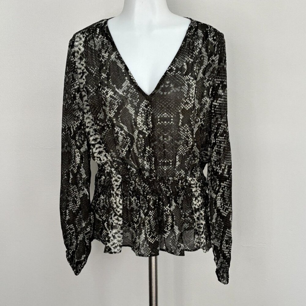 H&M Top 6 Green Snake Reptile Sheer Elastic Waist Sheer V-Neck Blouse Womens NWT